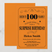 驚きの100歳誕生日 黒とオレンジ 招待状 (正面/裏面)