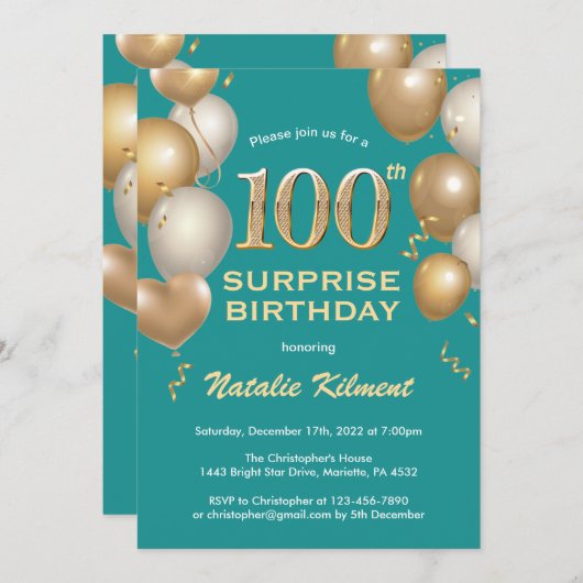 驚きの100番目の誕生日ティール（緑がかった色）と金ゴールドバルーン 招待状 (正面/裏面)