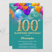 驚きの100番目の誕生日ティール（緑がかった色）と金ゴールドバルーン 招待状 (正面/裏面)