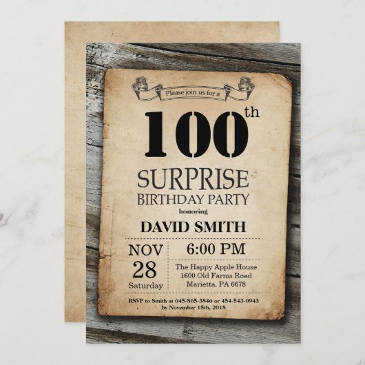 驚きの100素朴番目の誕生日招待状ヴィンテージ 招待状 (正面/裏面)