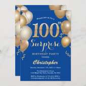 驚きの100誕生日ブルーと金ゴールドバルーン 招待状 (正面/裏面)