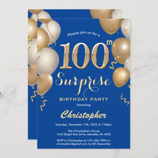 驚きの100誕生日ブルーと金ゴールドバルーン 招待状 (正面/裏面)