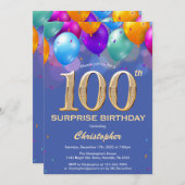 驚きの100誕生日ブルーと金ゴールドバルーン 招待状 (正面/裏面)