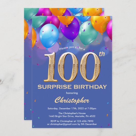 驚きの100誕生日ブルーと金ゴールドバルーン 招待状 (正面/裏面)
