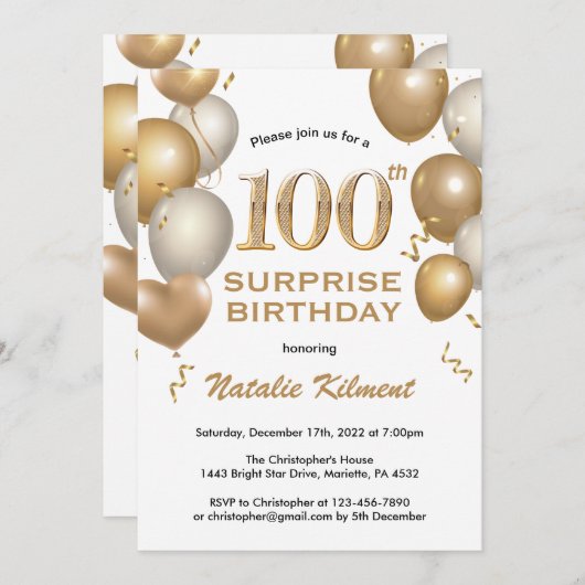 驚きの100誕生日白と金ゴールドバルーン 招待状 (正面/裏面)