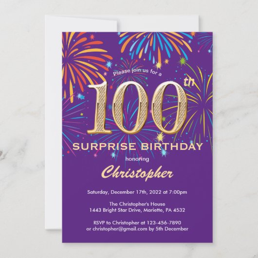驚きの100誕生日紫と金ゴールド花火 招待状 (正面)