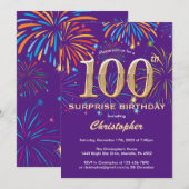 驚きの100誕生日紫と金ゴールド花火 招待状 (正面/裏面)