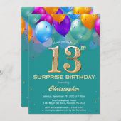 驚きの13誕生日ティール(緑がかった色)と金ゴールドバルーン 招待状 (正面/裏面)