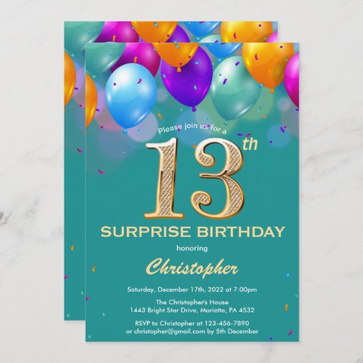 驚きの13誕生日ティール（緑がかった色）と金ゴールドバルーン 招待状 (正面/裏面)