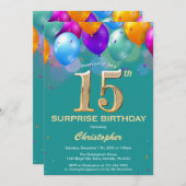 驚きの15誕生日ティール（緑がかった色）と金ゴールドバルーン 招待状 (正面/裏面)