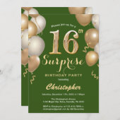 驚きの16誕生日の緑と金ゴールド風船 招待状 (正面/裏面)