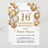 驚きの16誕生日白と金ゴールドバルーン 招待状 (正面/裏面)