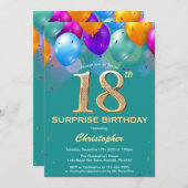 驚きの18誕生日ティール（緑がかった色）と金ゴールドバルーン 招待状 (正面/裏面)
