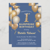 驚きの1stバースデーブルーと金ゴールドバルーン 招待状 (正面/裏面)