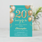 驚きの20誕生日ティール（緑がかった色）と金ゴールドバルーン 招待状 (スタンド正面)