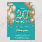 驚きの20誕生日ティール（緑がかった色）と金ゴールドバルーン 招待状 (正面/裏面)