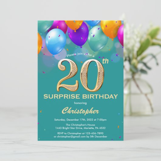 驚きの20誕生日ティール（緑がかった色）と金ゴールドバルーン 招待状 (スタンド正面)