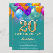 驚きの20誕生日ティール(緑がかった色)と金ゴールドバルーン 招待状 (正面/裏面)