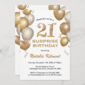 驚きの21歳の誕生日の白と金ゴールドバルーン 招待状 (正面/裏面)