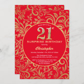 驚きの21歳の誕生日の赤と金ゴールドフローラ 招待状 (正面/裏面)