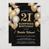 驚きの21歳の誕生日の黒と金ゴールド風船 招待状 (正面/裏面)