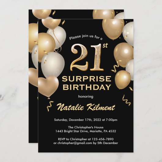 驚きの21歳の誕生日の黒と金ゴールド風船 招待状 (正面/裏面)
