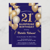 驚きの21歳の誕生日ネイビーブルーと金ゴールドバルーン 招待状 (正面/裏面)