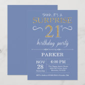 驚きの21歳の誕生日招待状ブルーと金ゴールド 招待状 (正面/裏面)