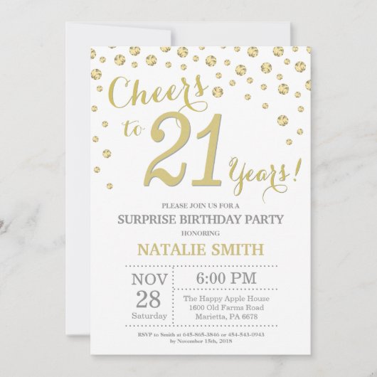 驚きの21歳誕生日金ゴールドグリッター 招待状 (正面)