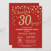 驚きの30歳の誕生日の赤と金ゴールド 招待状 (正面/裏面)