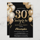 驚きの30歳の誕生日の黒と金ゴールド風船 招待状 (正面/裏面)