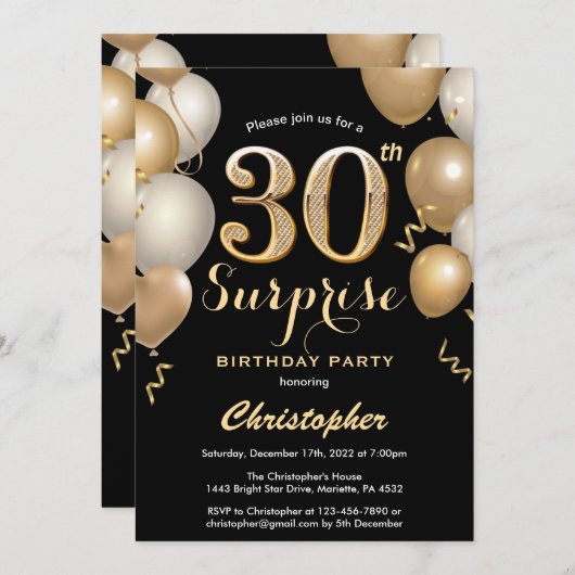 驚きの30歳の誕生日の黒と金ゴールド風船 招待状 (正面/裏面)