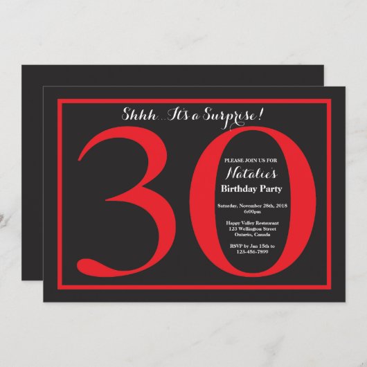 驚きの30歳の誕生日赤と黒の黒の黒の黒板 招待状 (正面/裏面)
