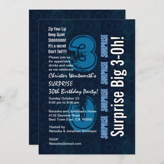 驚きの30歳誕生日の青いヴィンテージと白い106N 招待状 (正面/裏面)