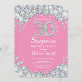 驚きの30th誕生日ピンクとシルバーダイヤモンド 招待状 (正面/裏面)