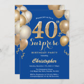 驚きの40歳の誕生日の青と金ゴールド気球 招待状 (正面/裏面)