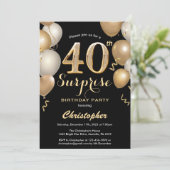 驚きの40歳の誕生日の黒と金ゴールド風船 招待状 (スタンド正面)