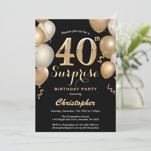 驚きの40歳の誕生日の黒と金ゴールド風船 招待状 (スタンド正面)