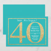 驚きの40歳の誕生日ティール（緑がかった色）と金ゴールドグリッター 招待状 (正面/裏面)