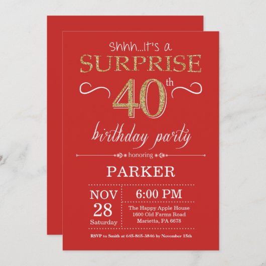 驚きの40歳の誕生日招待状レッドと金ゴールド 招待状 (正面/裏面)