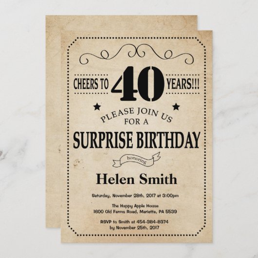 驚きの40歳の誕生日素朴ヴィンテージレトロ 招待状 (正面/裏面)