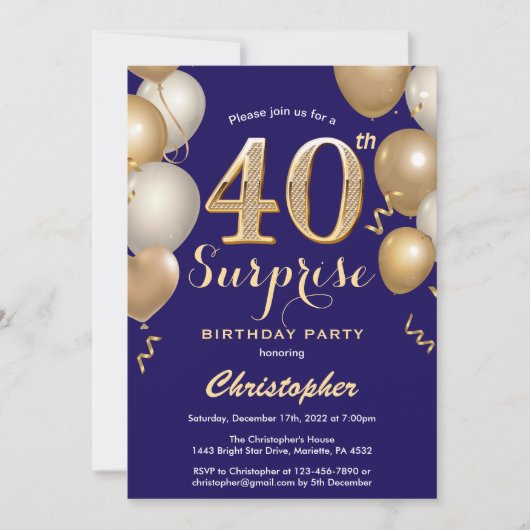 驚きの40th誕生日ネイビーブルーと金ゴールドバルーン 招待状 (正面)