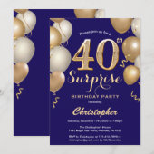 驚きの40th誕生日ネイビーブルーと金ゴールドバルーン 招待状 (正面/裏面)