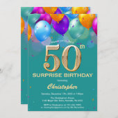 驚きの50誕生日ティール(緑がかった色)と金ゴールドバルーン 招待状 (正面/裏面)