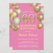 驚きの60誕生日ピンクと金ゴールドバルーン 招待状 (正面/裏面)