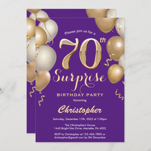 驚きの70誕生日紫と金ゴールド風船 招待状 (正面/裏面)