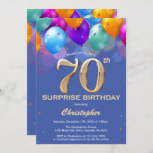 驚きの70誕生日青と金ゴールド風船 招待状 (正面/裏面)