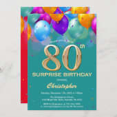 驚きの80番目の誕生日ティール(緑がかった色)と金ゴールドバルーン 招待状 (正面/裏面)