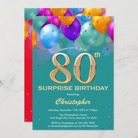 驚きの80番目の誕生日ティール（緑がかった色）と金ゴールドバルーン 招待状 (正面/裏面)