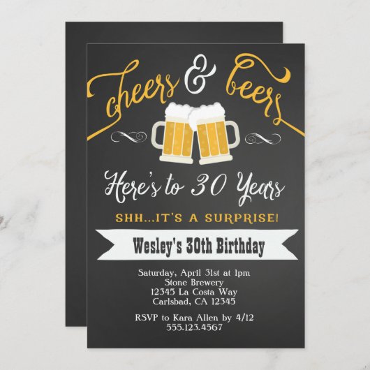 驚き応援及びビール誕生日のパーティの招待状 招待状 (正面/裏面)